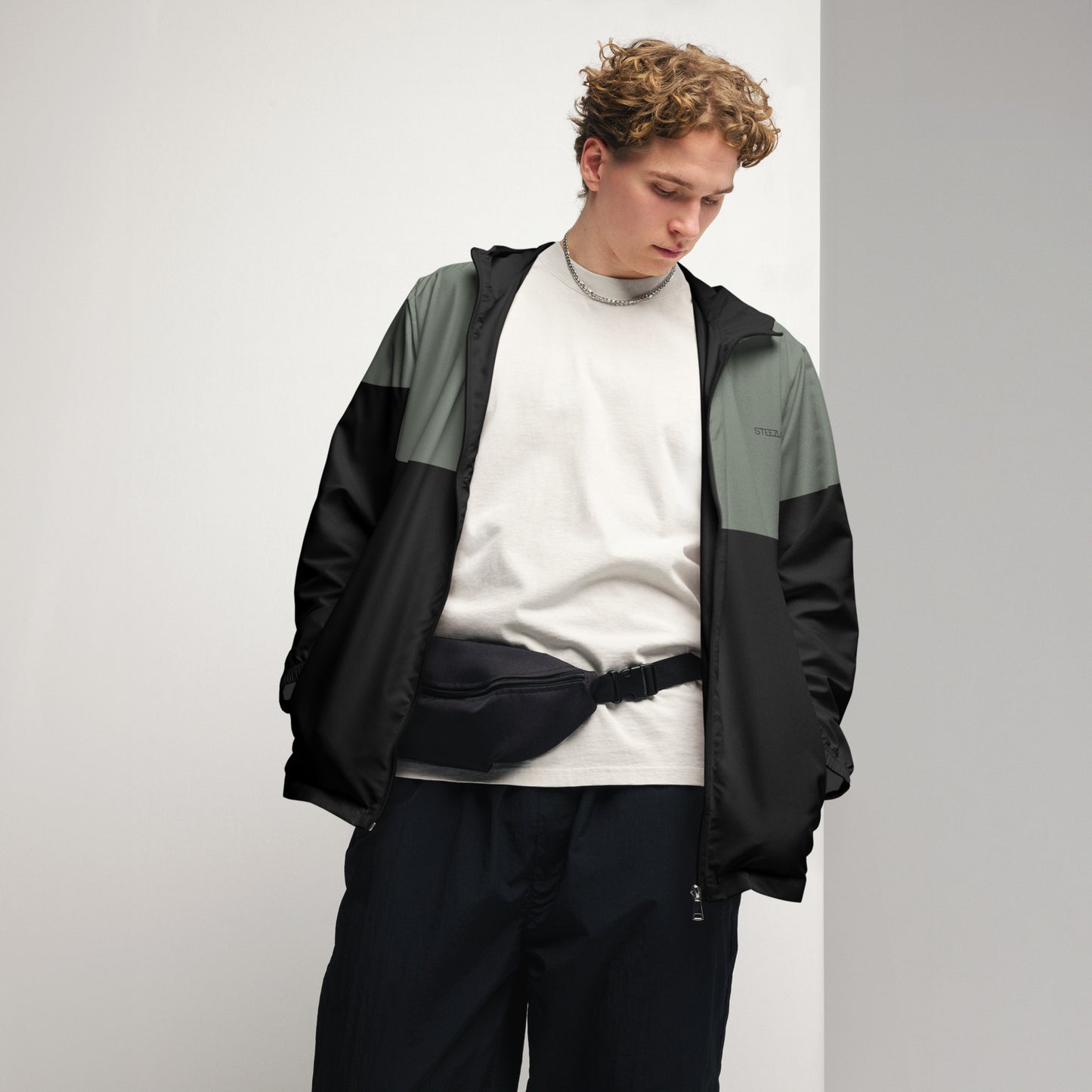 Steezlab Windbreaker Jacket Charcoal Green and Black Regular Fit Men