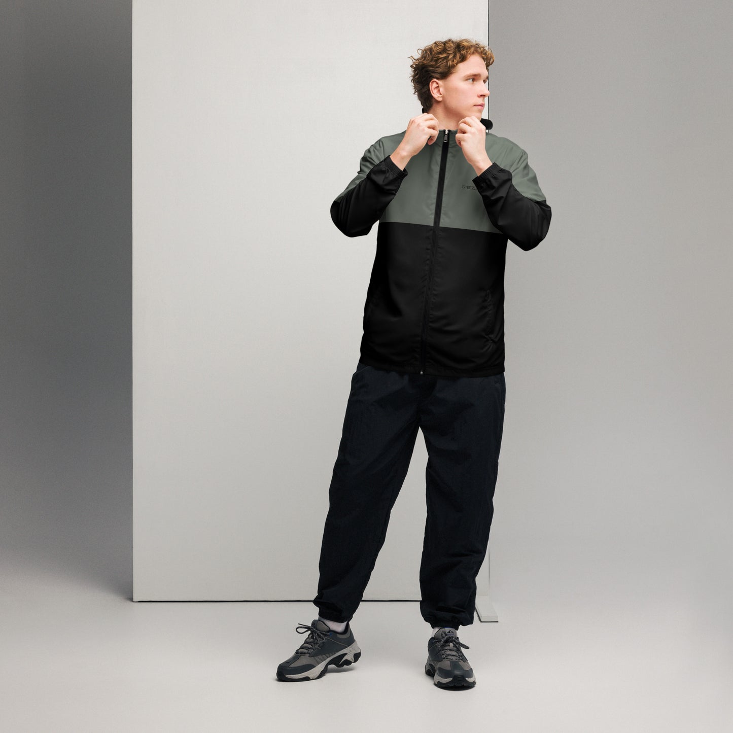 Steezlab Windbreaker Jacket Charcoal Green and Black Regular Fit Men